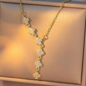Gold Plated Stainless Steel Clover Drop Necklace